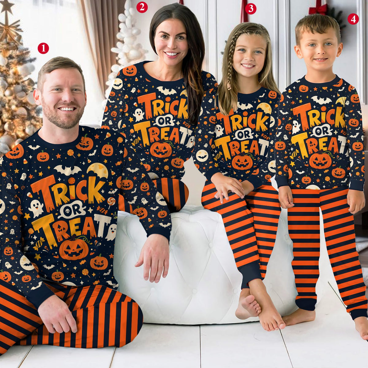 Group photo wearing matching pajamas for family