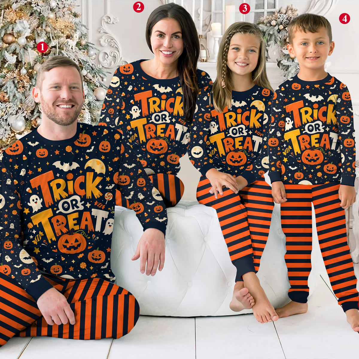 Family wearing matching halloween pajama set lifestyle view