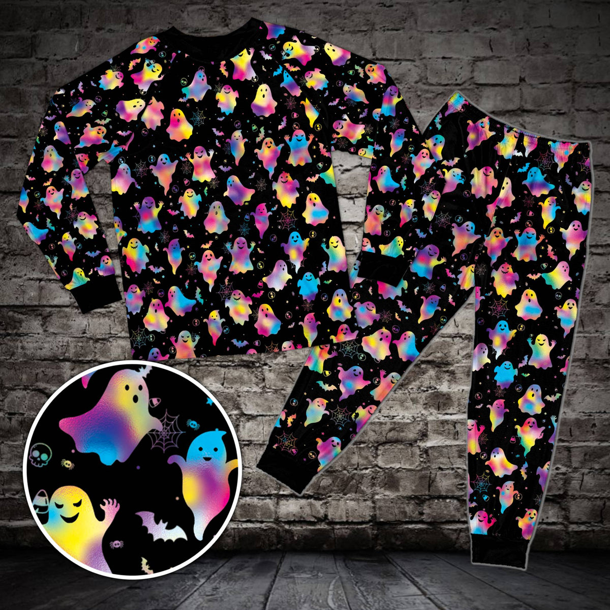 Family holiday matching pajamas in Halloween neon design, main group view
