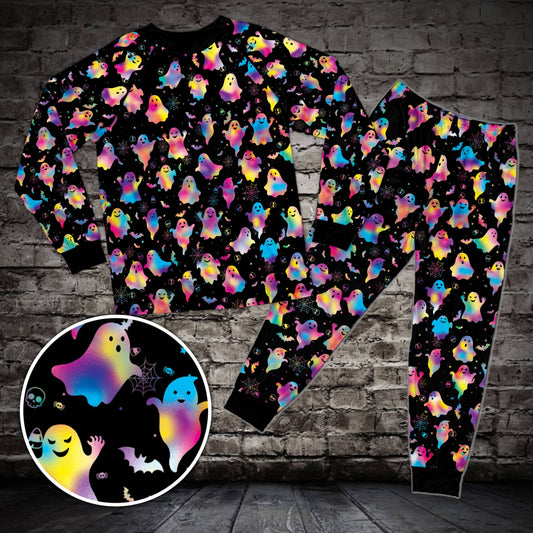 Family holiday matching pajamas in Halloween neon design, main group view