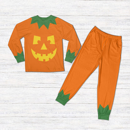 Matching family pajamas with an orange jack-o'-lantern design, main view