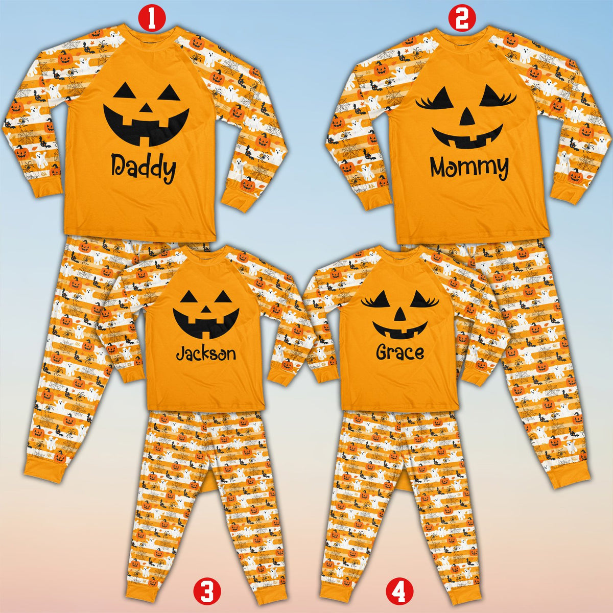 Personalized orange halloween pajama set with jack-o'-lantern face and custom name, main view
