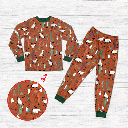 holiday family matching pajamas in western Halloween orange design, front view