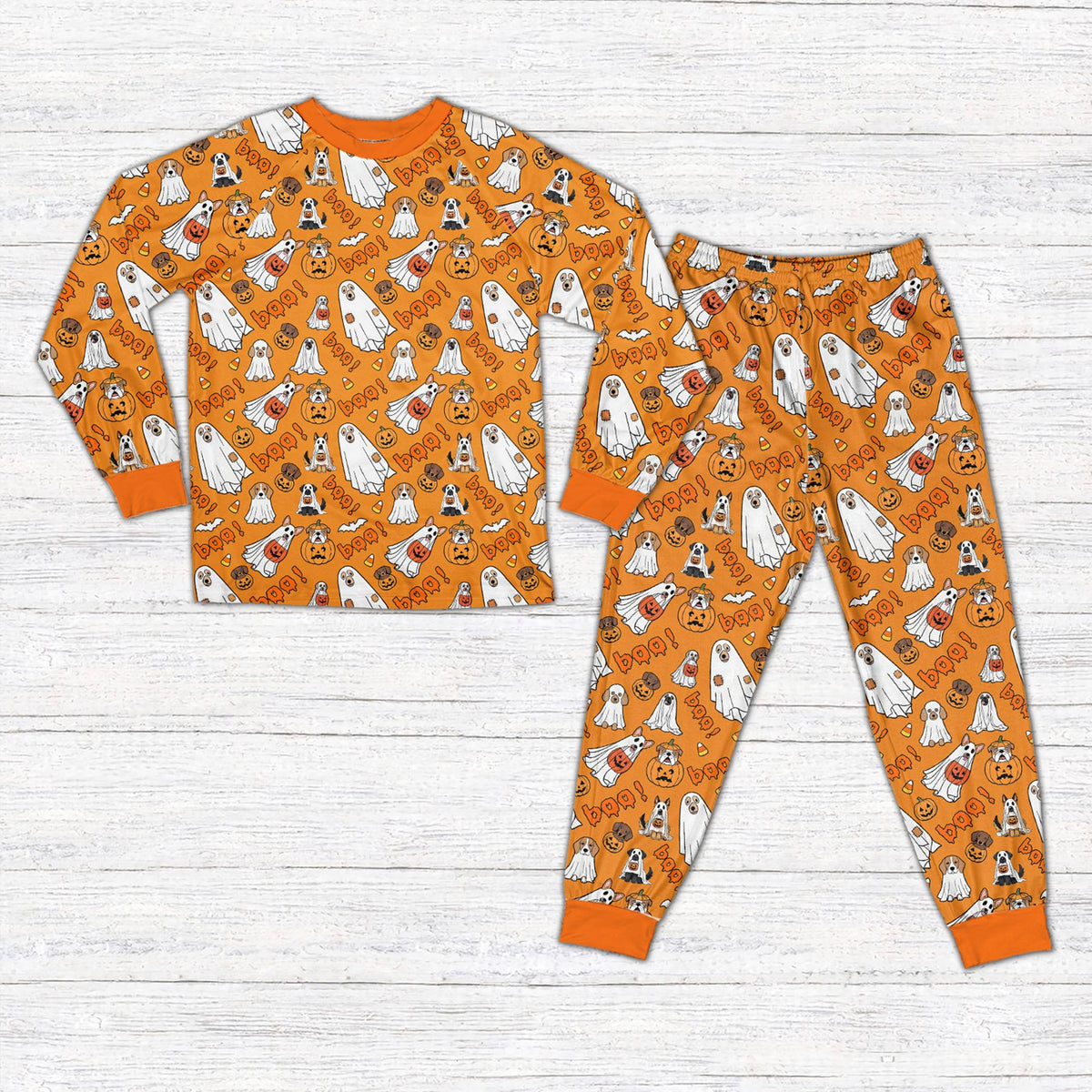 Orange background matching holiday pajamas for the family front view
