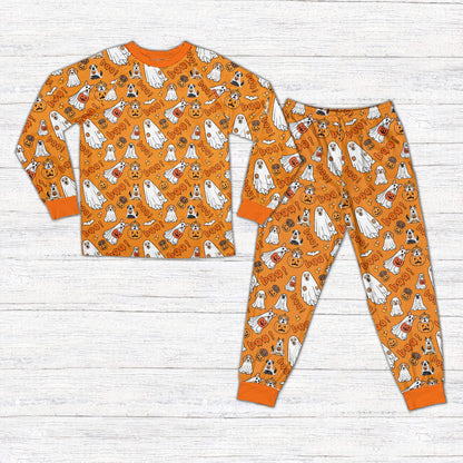 Orange halloween pajama set featuring dogs and ghosts pattern, front view