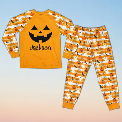 Close up front view of the halloween pajama set patterned pants