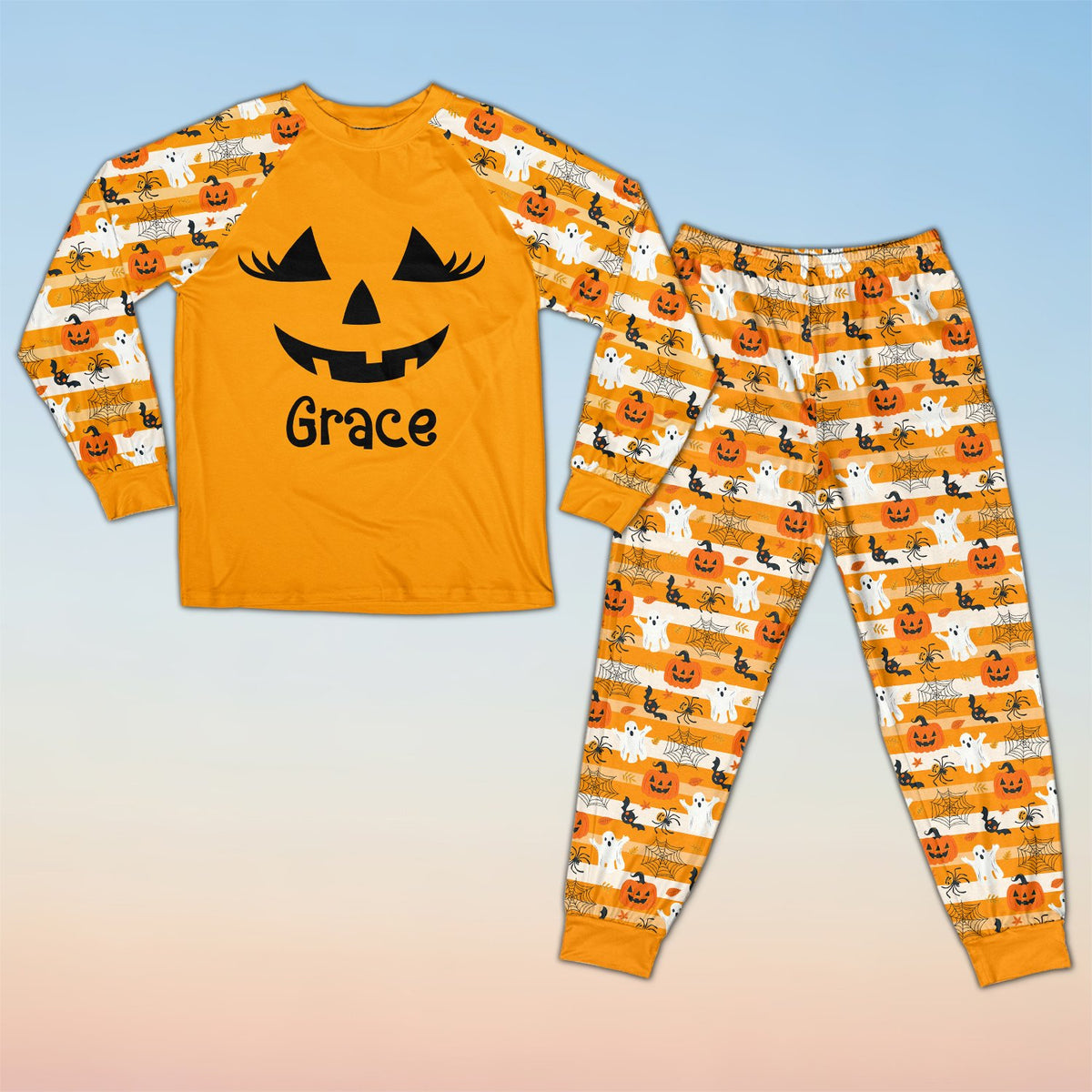 Full front view of the matching family pajama set for Halloween