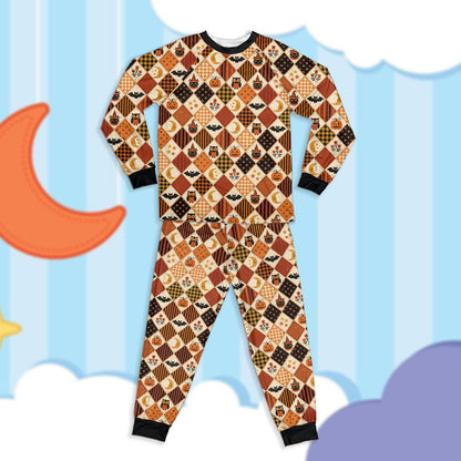 Close up front view of Halloween patchwork pajama top