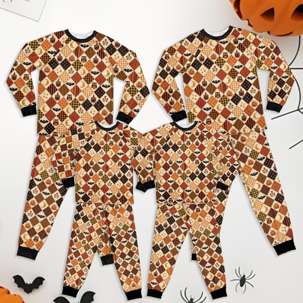 Halloween patchwork with pumpkins, bats, owls pajama set, main view