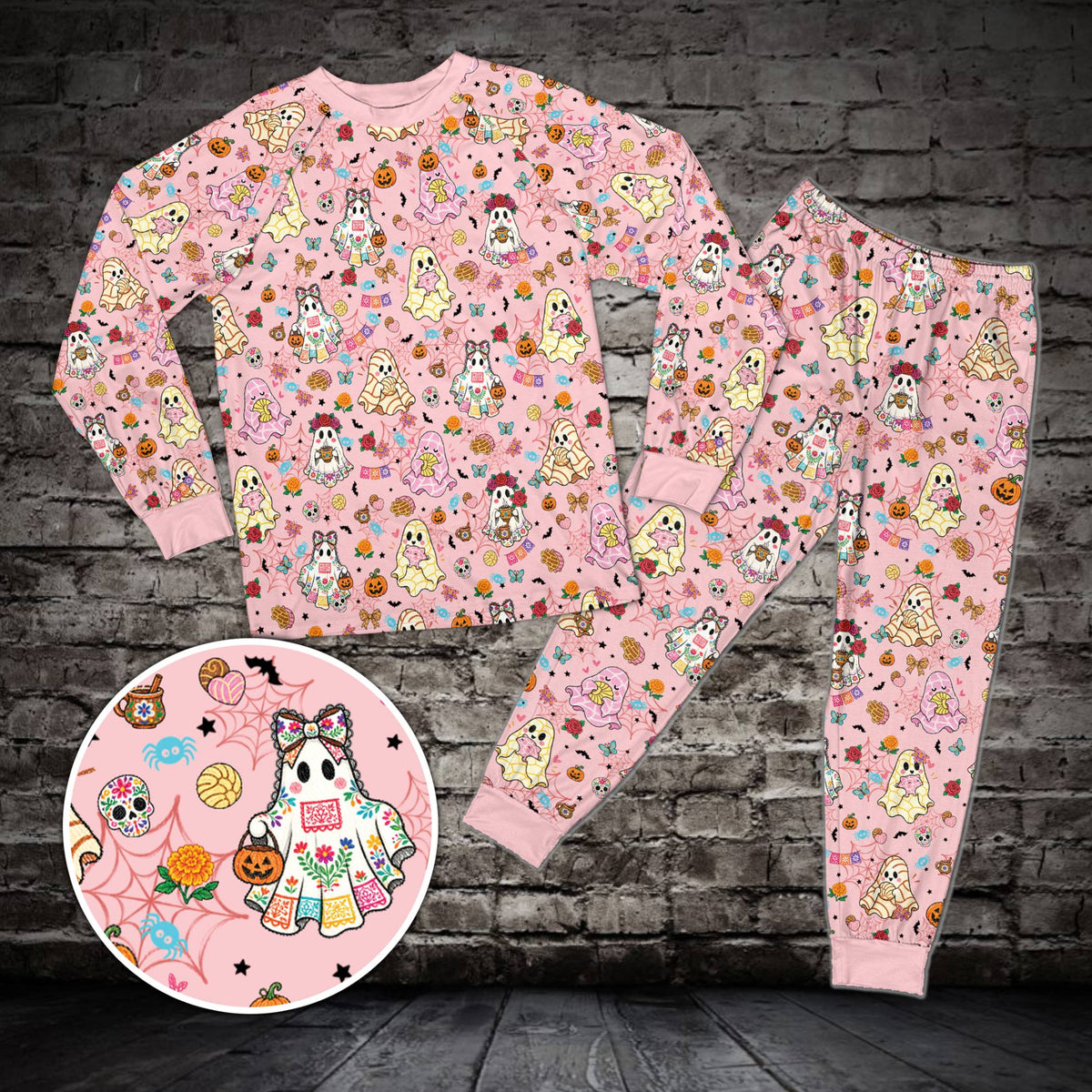 Matching family pajama set in pink with Halloween ghost design, front view