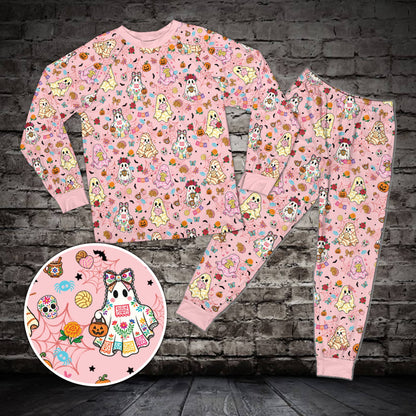Matching family pajama set in pink with Halloween ghost design, front view