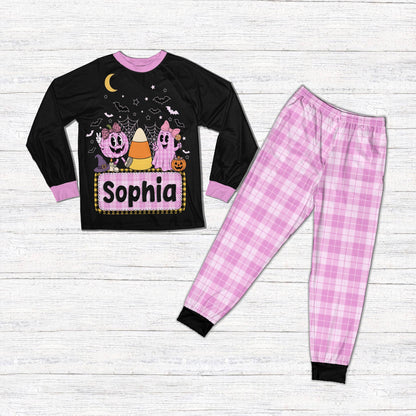 Front view of the personalized Halloween pajama set with pink accents
