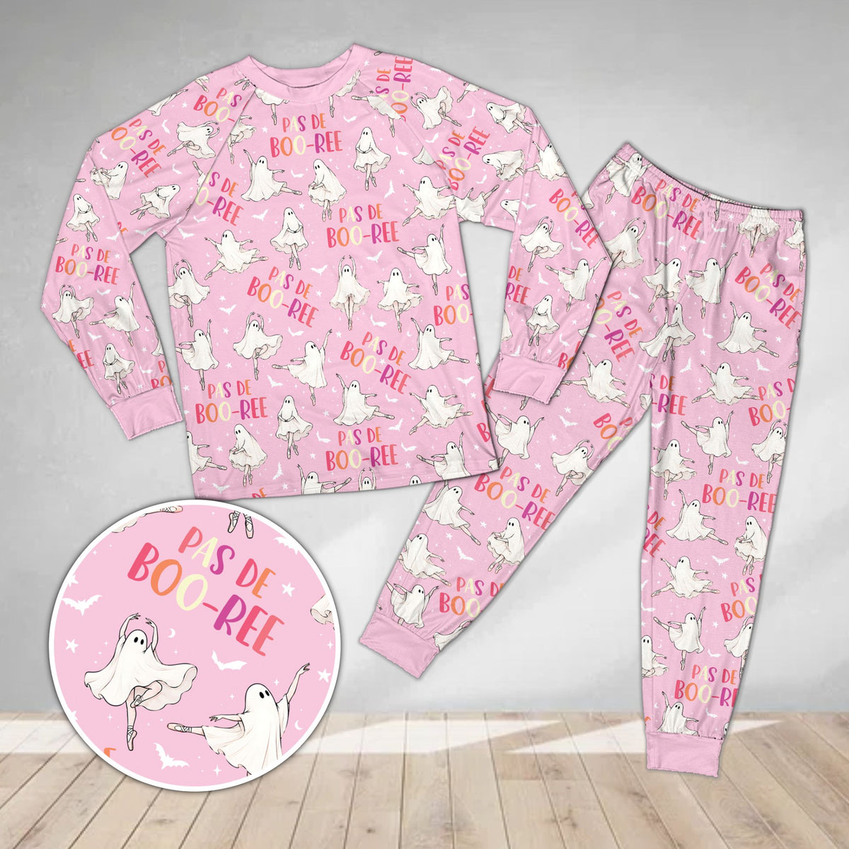 Pink matching family pajamas holiday edition, front view
