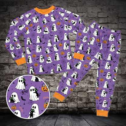 Halloween pajama set in purple featuring bats and spiderwebs, front view