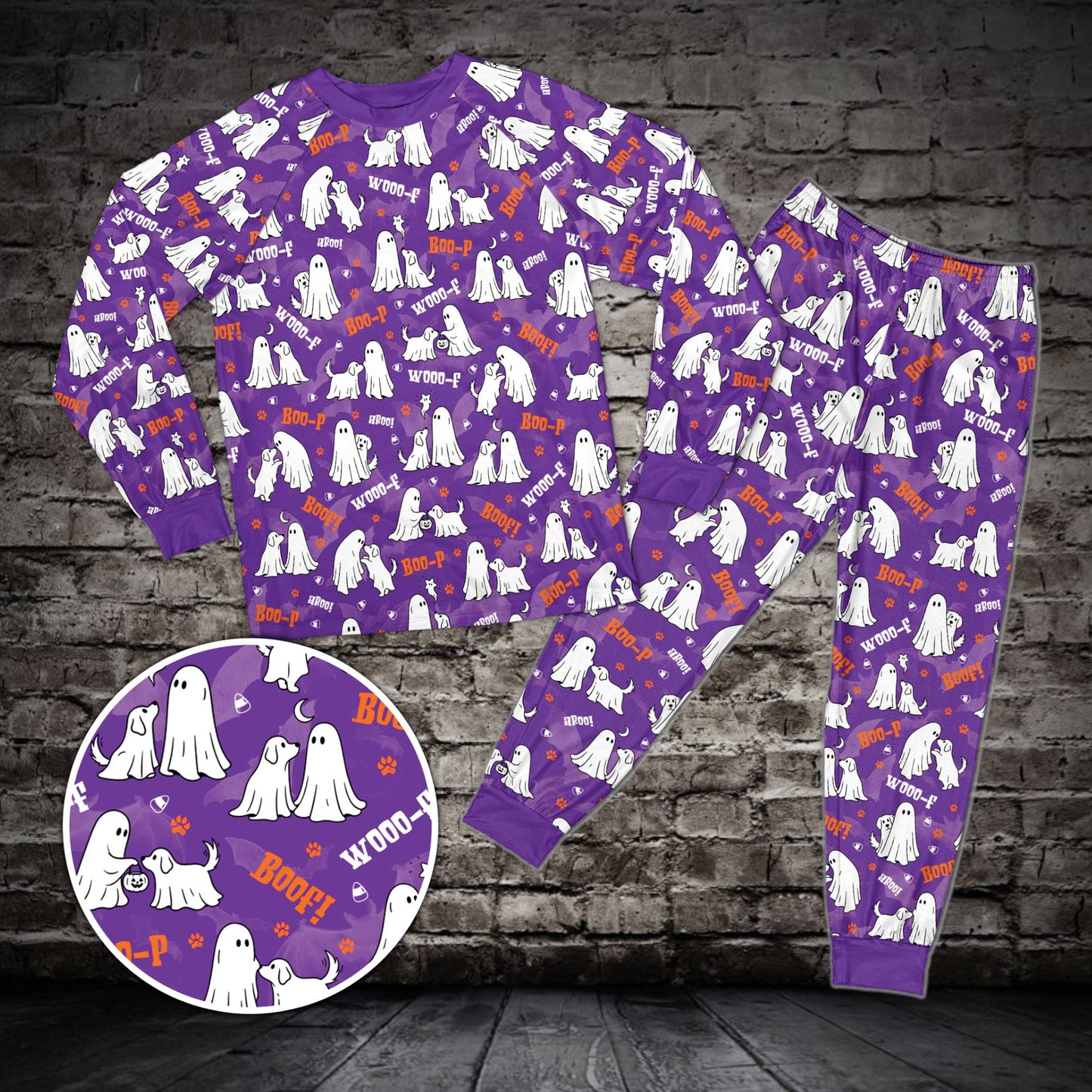 Purple matching family pajama set featuring a dog ghost Halloween pattern, front view
