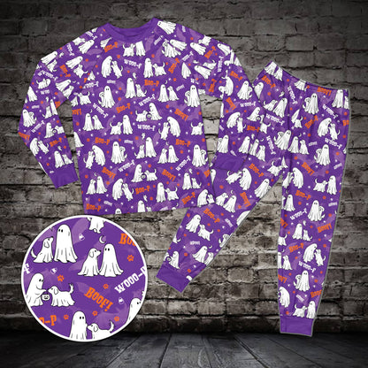 Purple matching family pajama set featuring a dog ghost Halloween pattern, front view