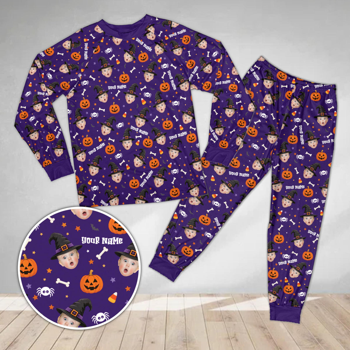 Front view of the custom purple Halloween pajama set with scattered custom names