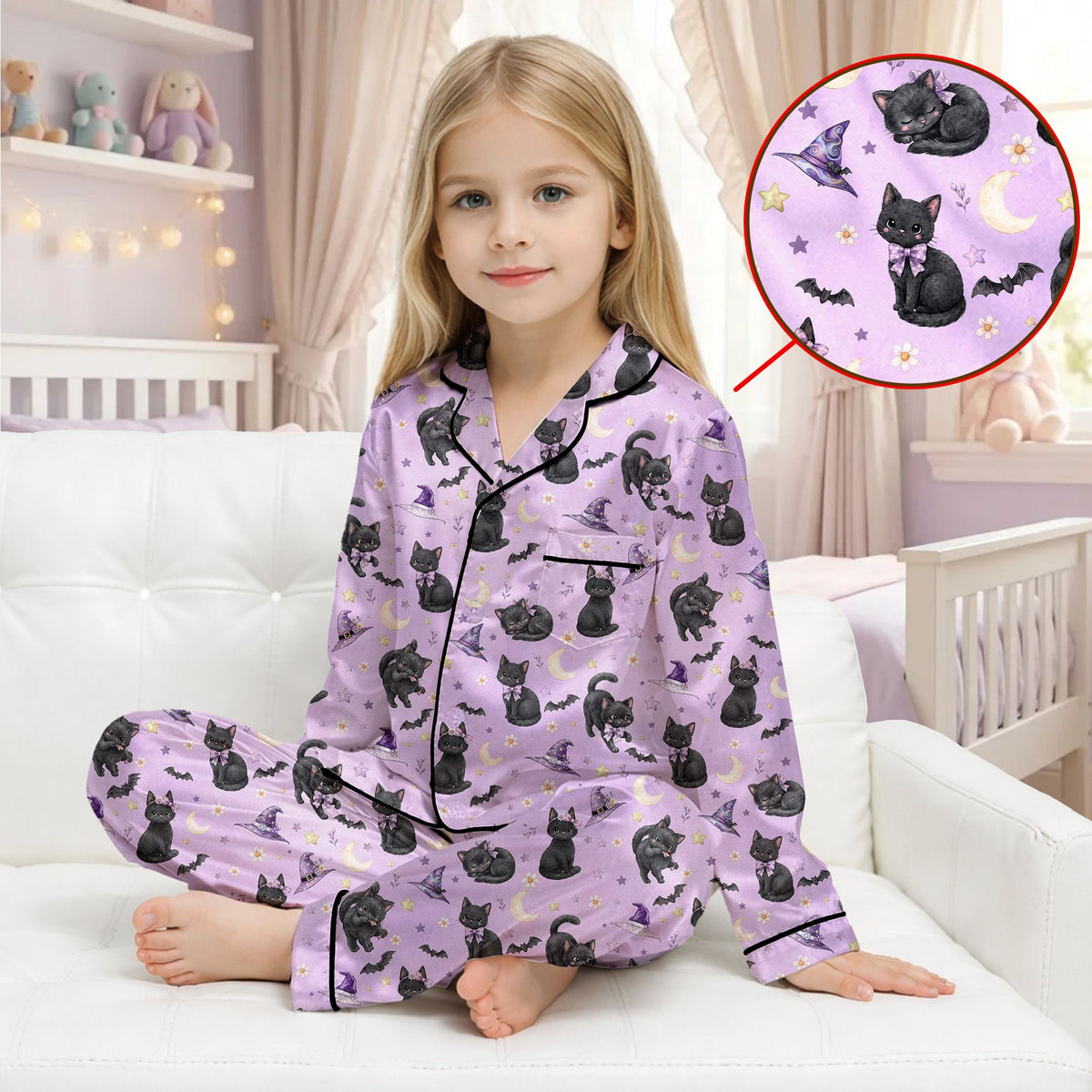 Another front view of the Halloween pajama set showcasing the cat and bat pattern