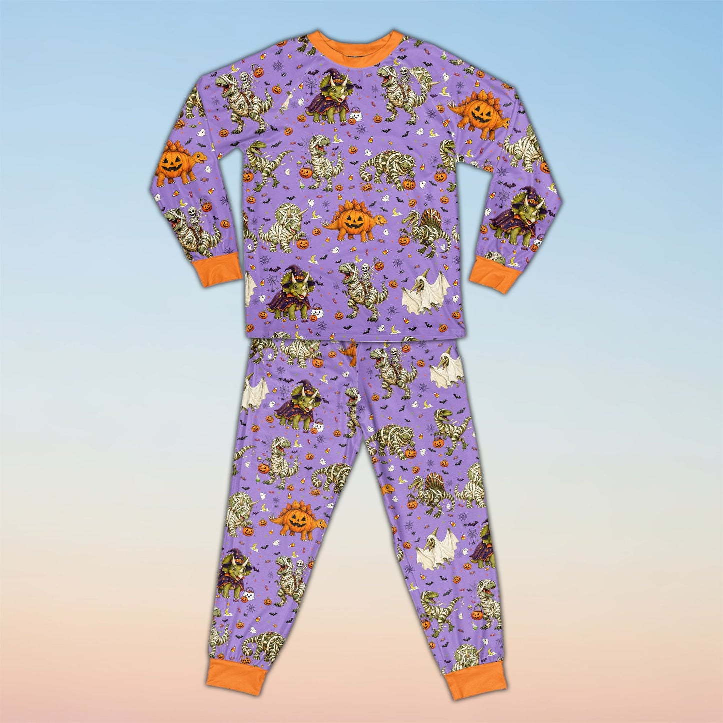 Front view of personalized purple Halloween dinosaur pajama set