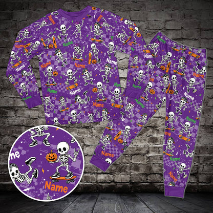 Front view of the purple personalized family matching pajama set with custom name.
