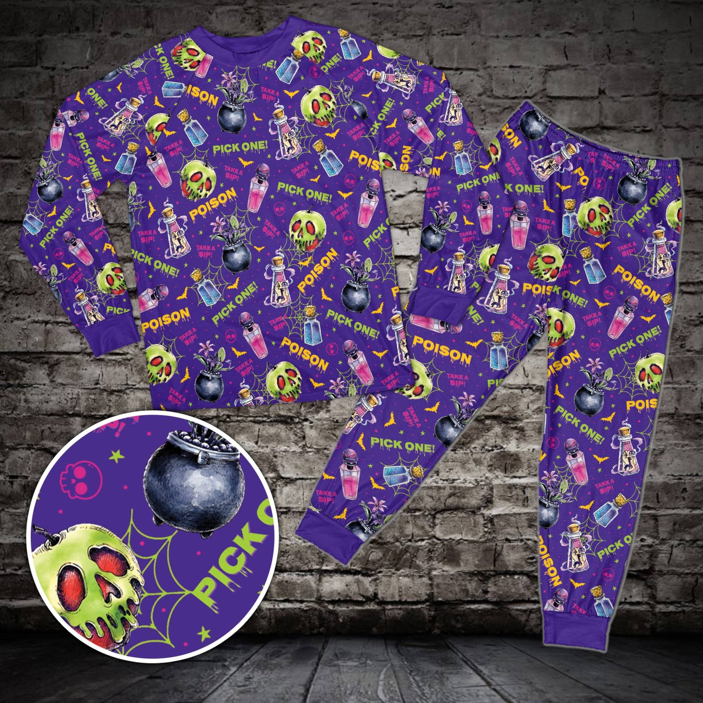 Front view of the matching family pajama set in purple