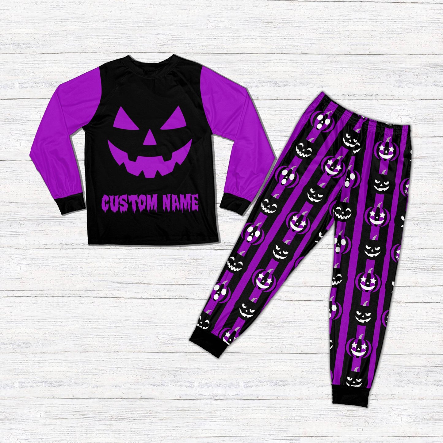 Front view of the purple variant of the personalized spooky pajama set