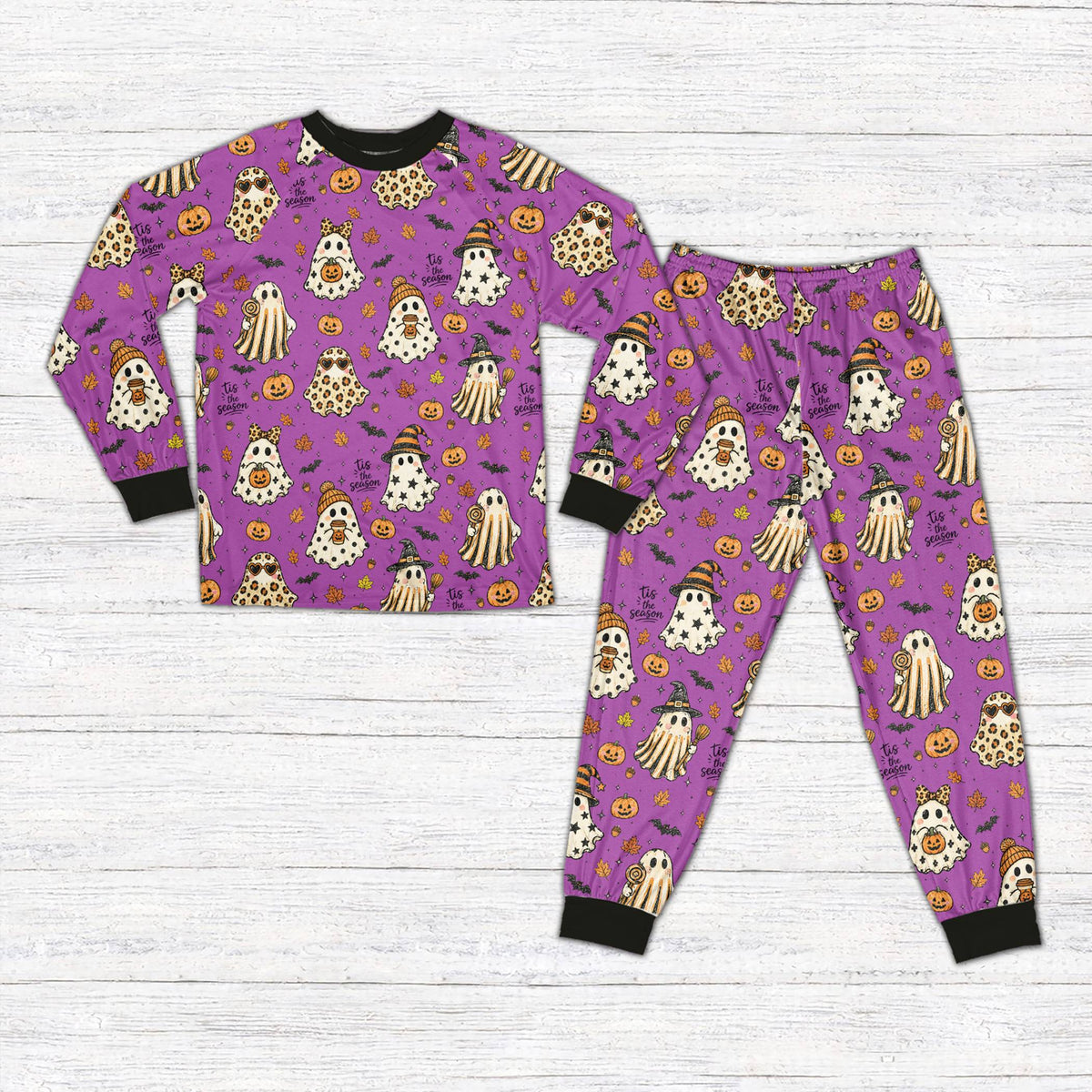 Purple version of the halloween pajama set, front view
