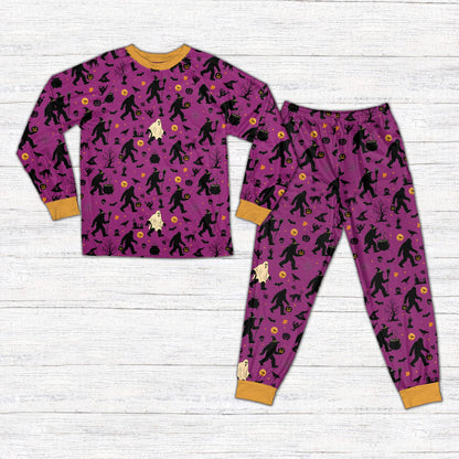 Front view of purple Halloween pajama set showcasing spooky Halloween pattern
