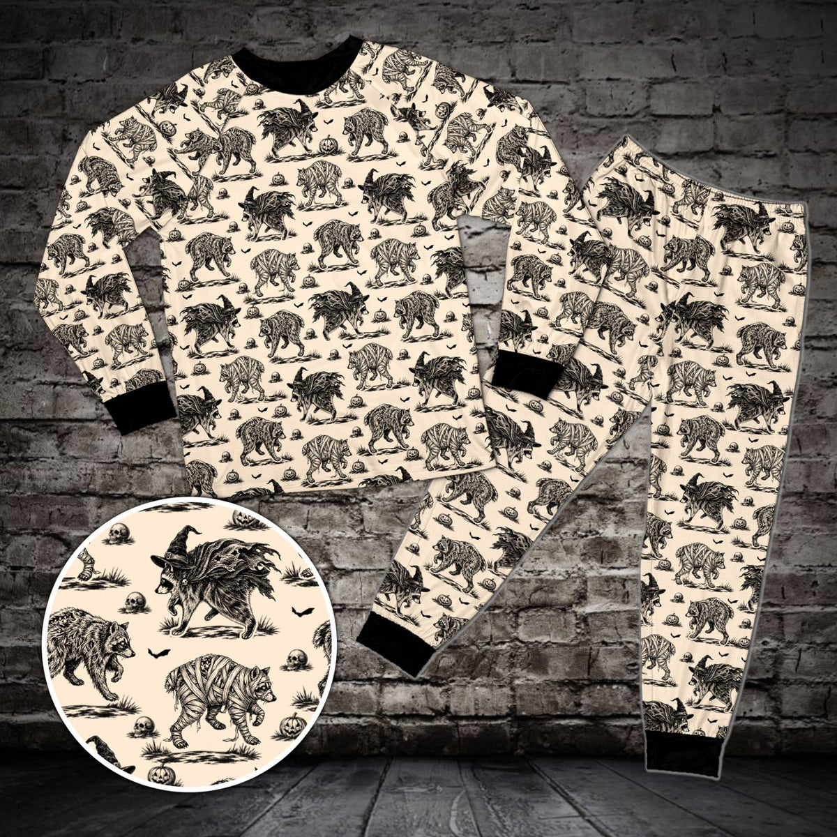 Beige halloween raccoon pajama set with all-over print for matching family pajamas, front view