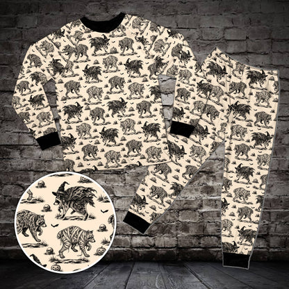 Beige halloween raccoon pajama set with all-over print for matching family pajamas, front view