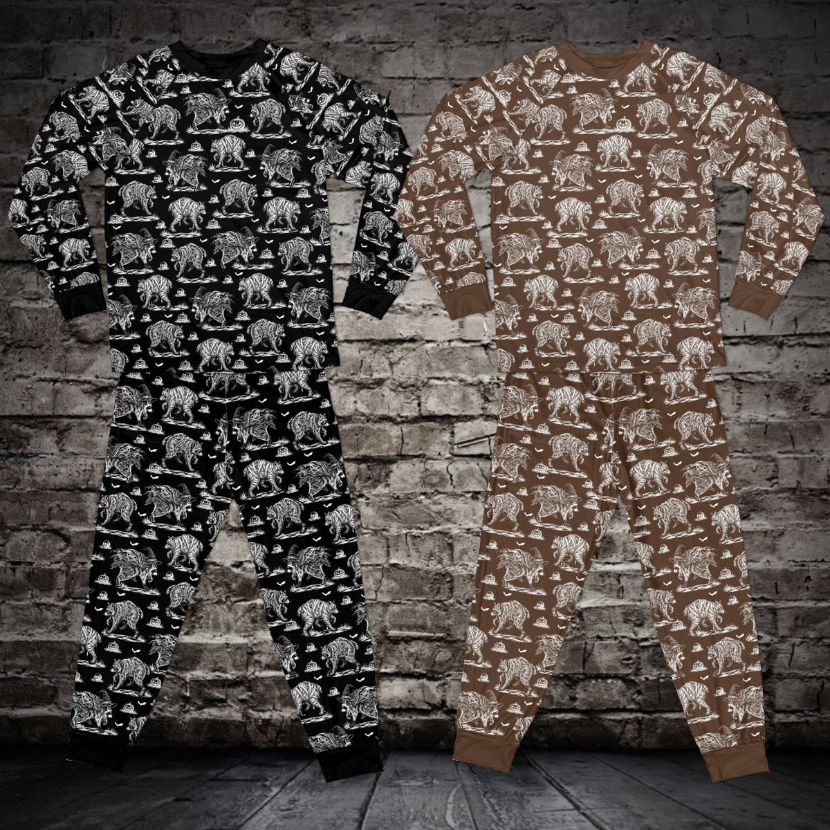 Black Halloween raccoon pajama set with jack-o'-lanterns, front view