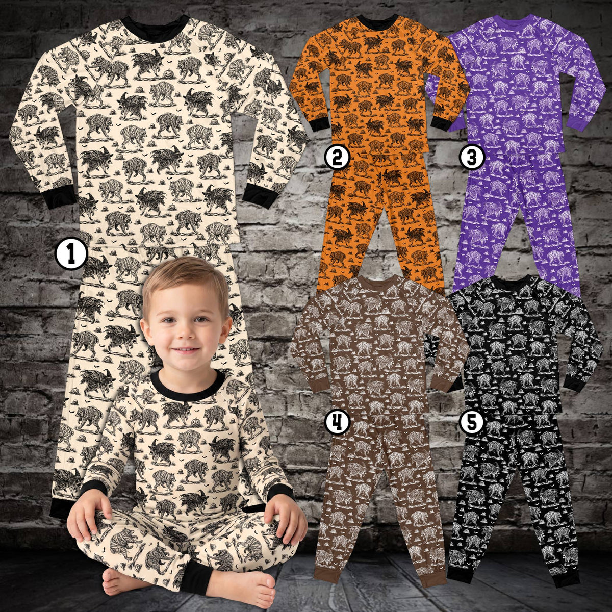 Family wearing matching holiday pajamas in a festive Halloween raccoon design, lifestyle view