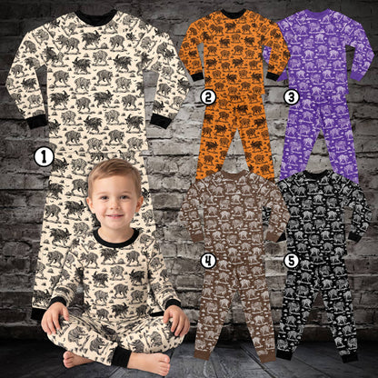 Family wearing matching holiday pajamas in a festive Halloween raccoon design, lifestyle view