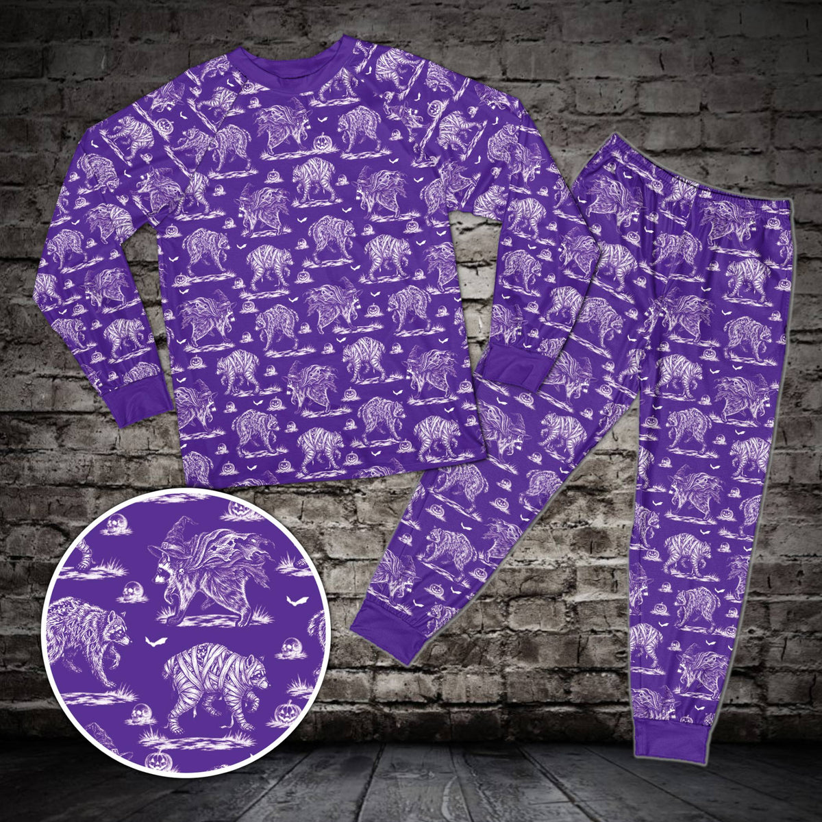 Purple Halloween raccoon pajama set with costumed raccoons, front view