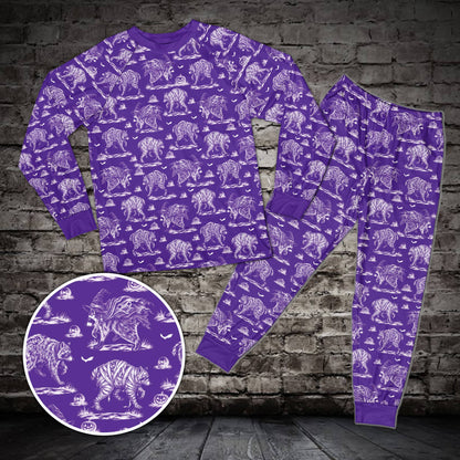 Purple Halloween raccoon pajama set with costumed raccoons, front view