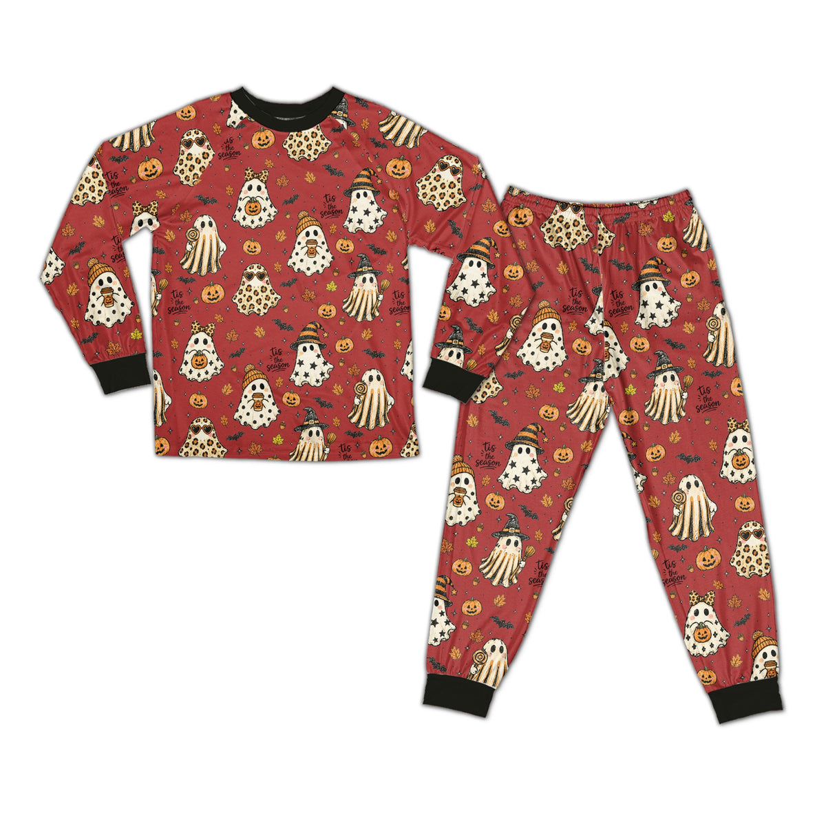 Red version of the family matching holiday pajamas, front view