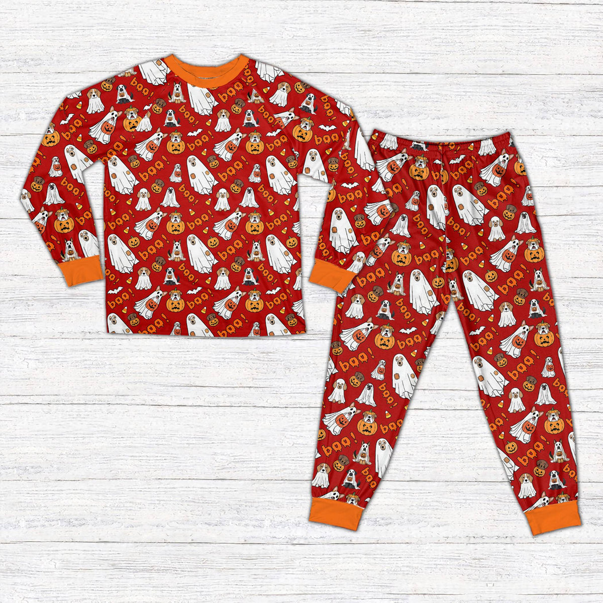 Red background halloween pajama set front view