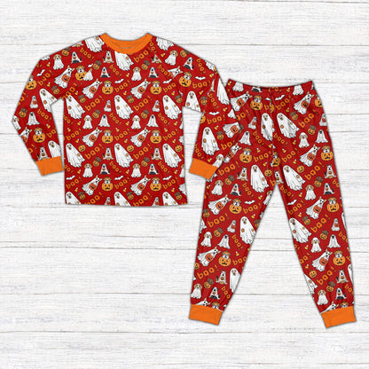 Red halloween pajama set featuring dogs and ghosts pattern, front view