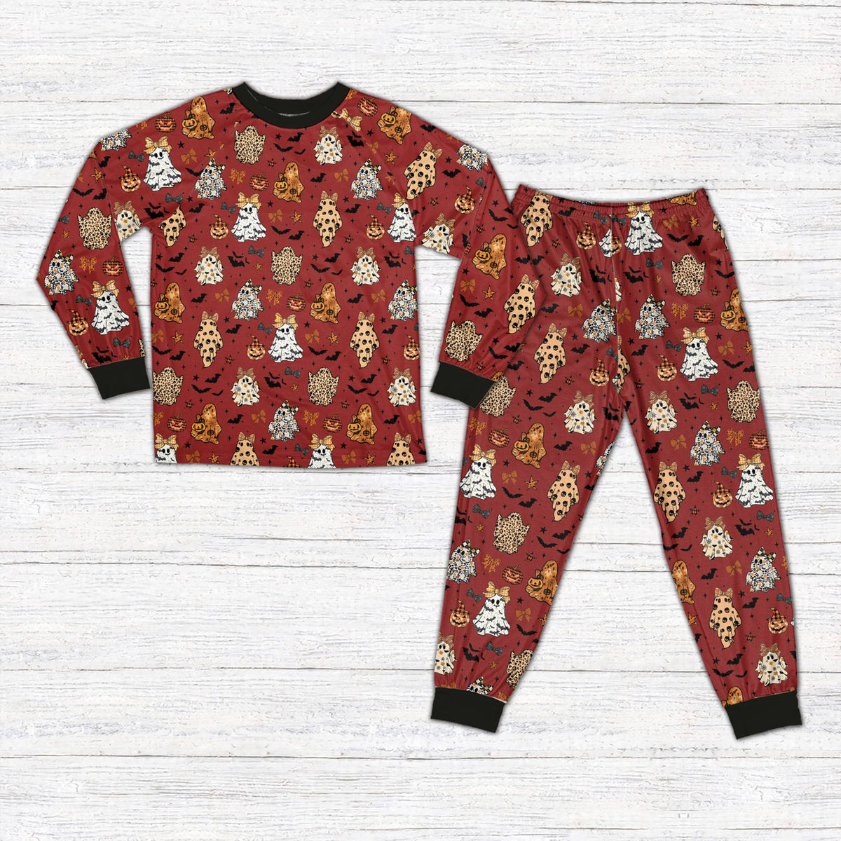 Red holiday family matching pajamas with bats and ghosts, front view