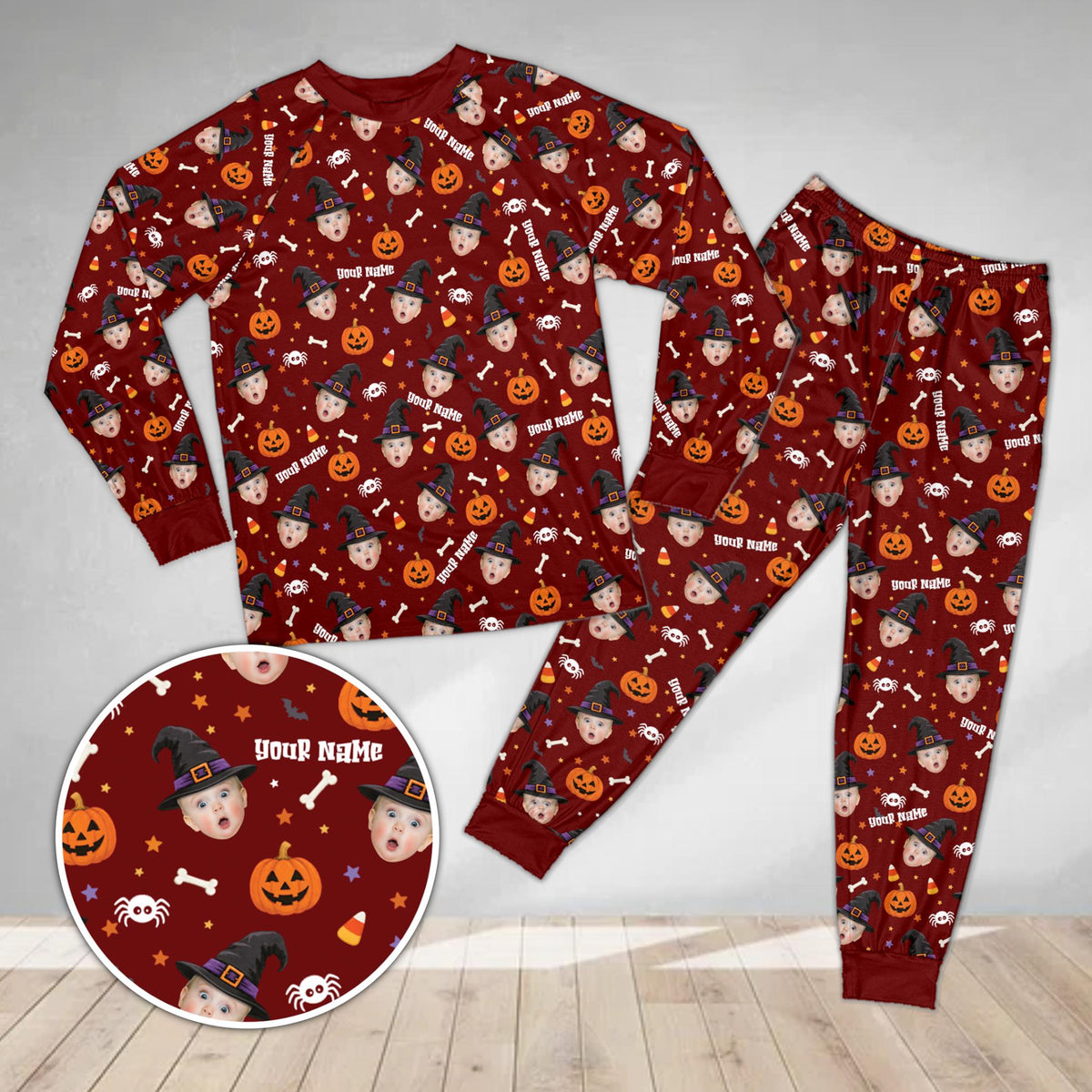 Front view of the custom red Halloween pajama set with spooky icons