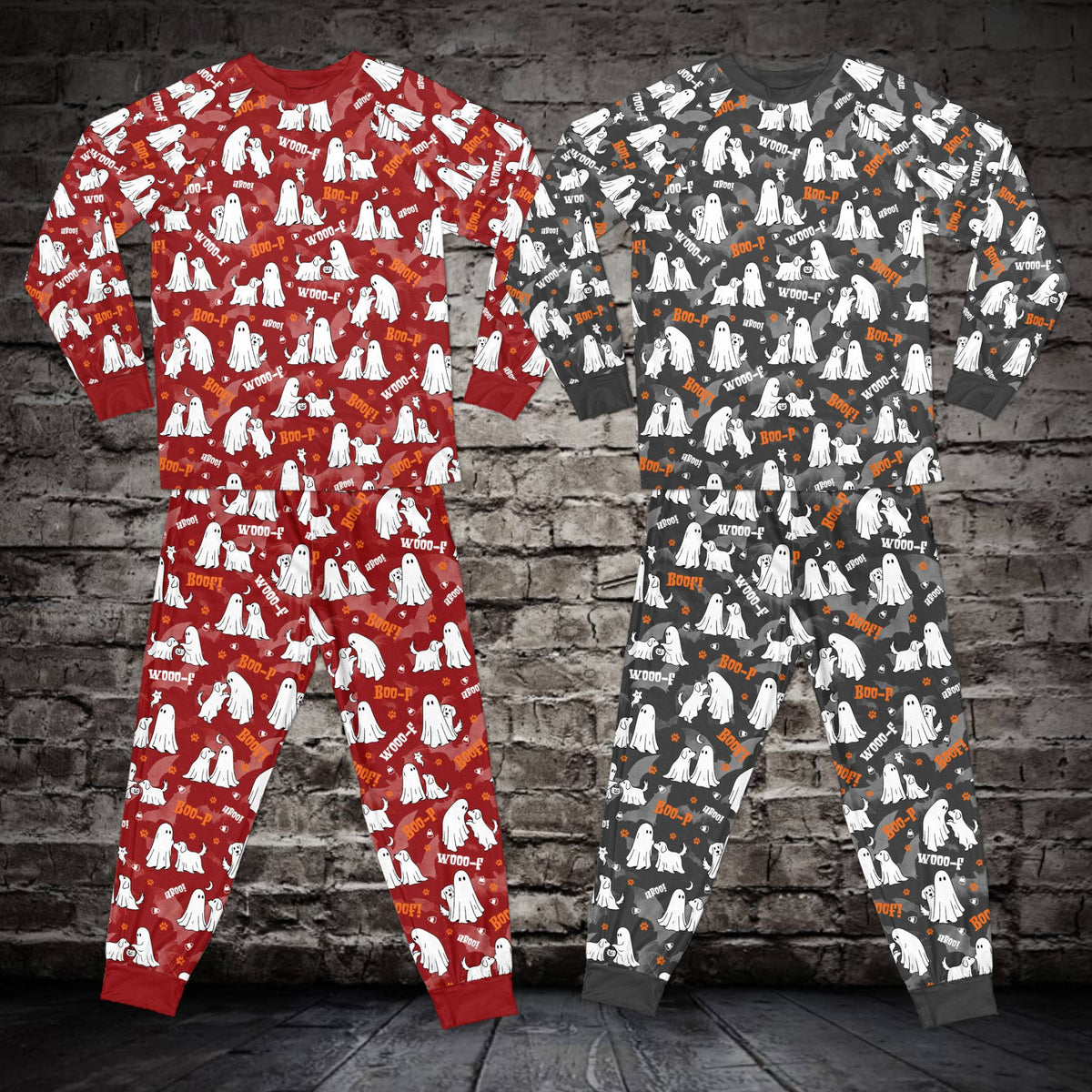 Red matching family pajama set featuring a dog ghost Halloween pattern, front view