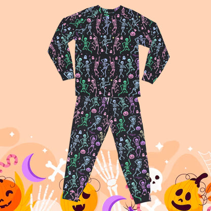 Adult pajama top featuring 'SKELETON CREW' graphic from the Halloween skeletons and ghosts pajama set