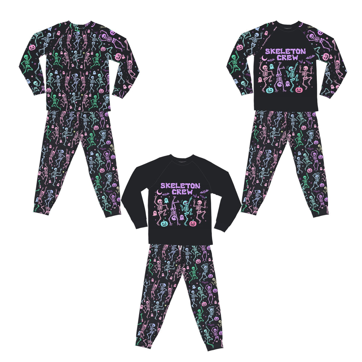 Adult pajama pants with colorful dancing skeletons, ghosts, pumpkins, and bats print