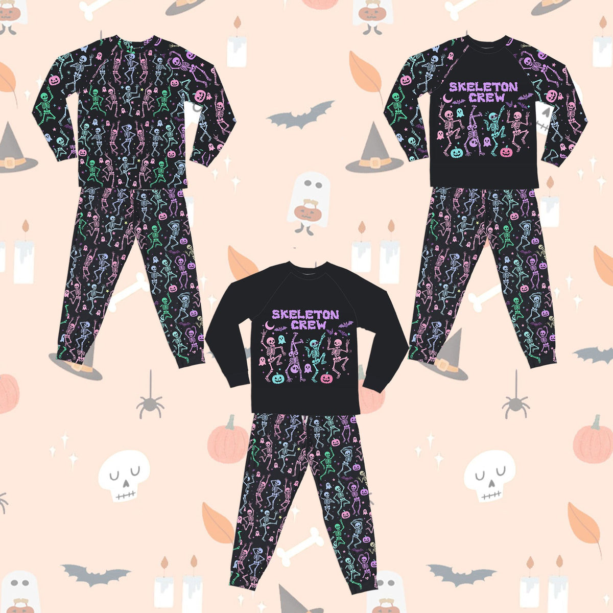 Close-up of the colorful dancing skeletons and ghosts print on black polyester fabric