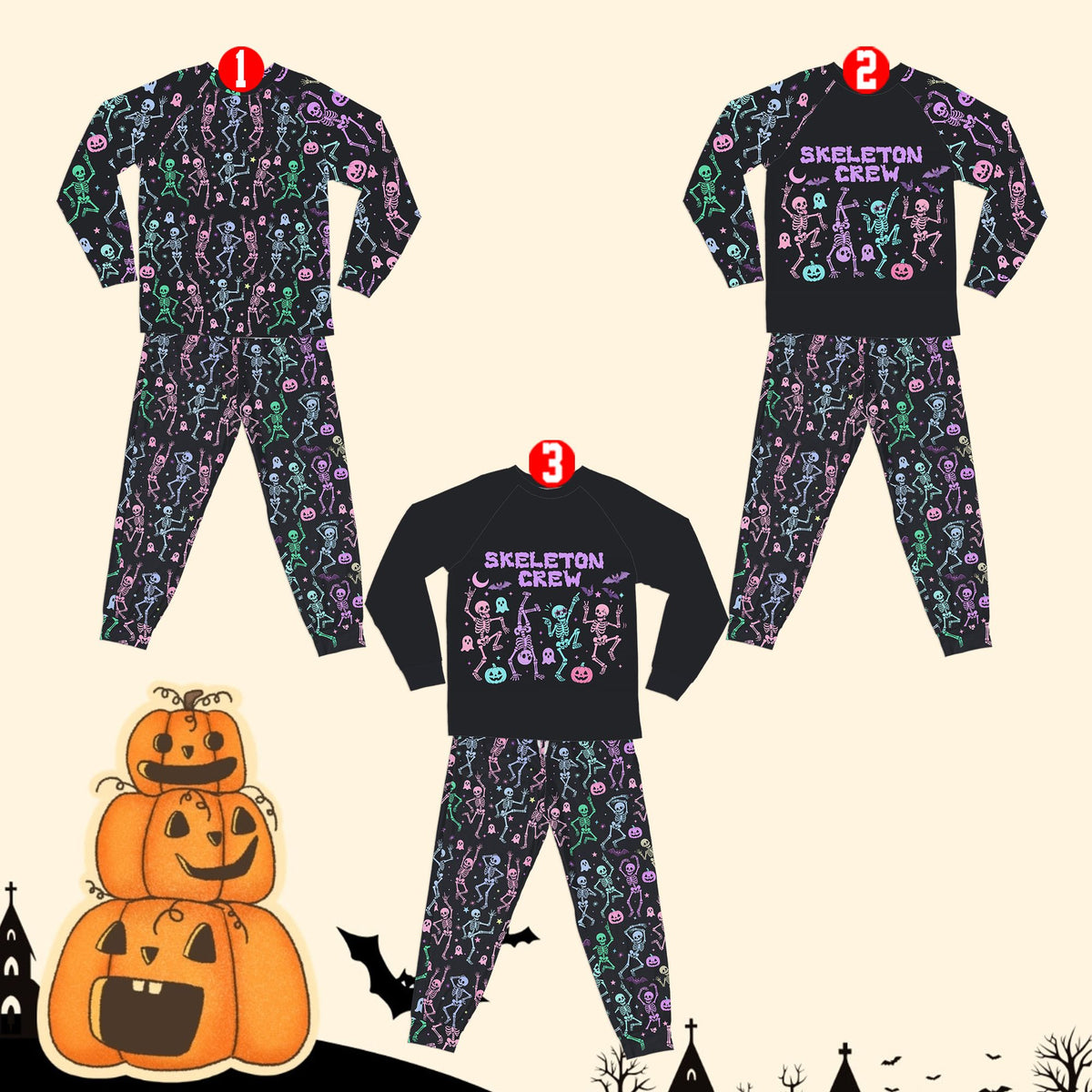Adult pajama top with 'SKELETON CREW' graphic and all-over Halloween print sleeves