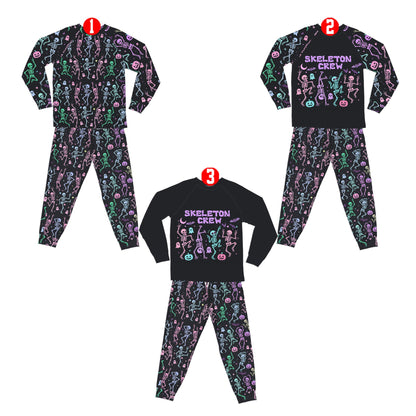 Close-up of the 'SKELETON CREW' graphic on the adult pajama top