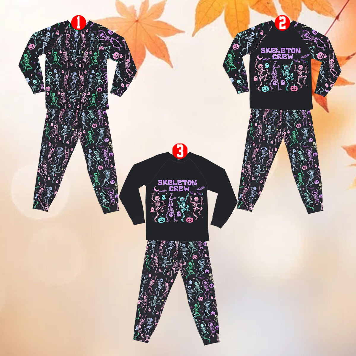 Matching family pajama set with Halloween skeletons and ghosts design, alternative front view
