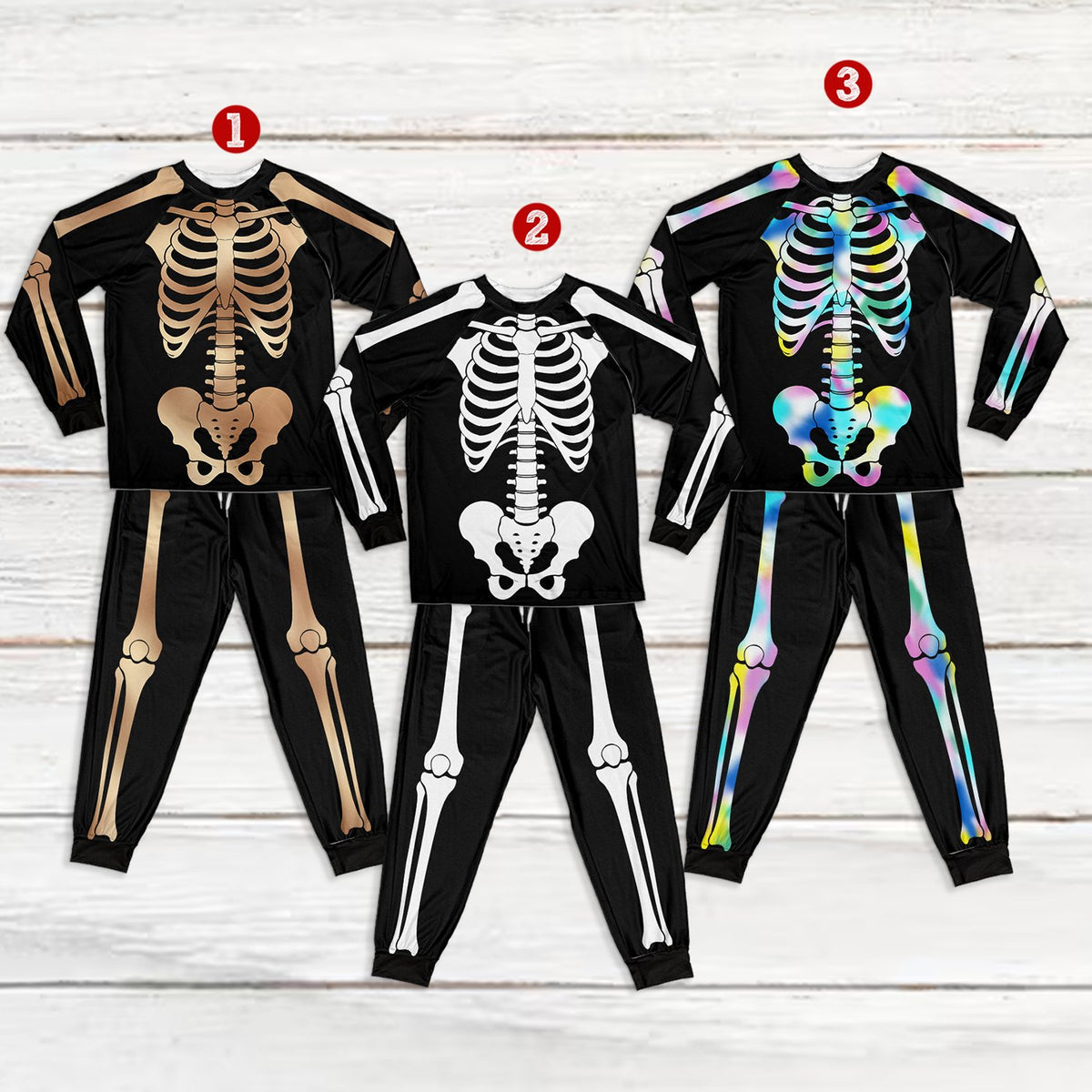 Front view of the black Halloween skeletons pajama set with a solid white skeleton graphic