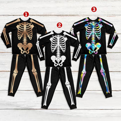 Front view of the black Halloween skeletons pajama set with a solid white skeleton graphic