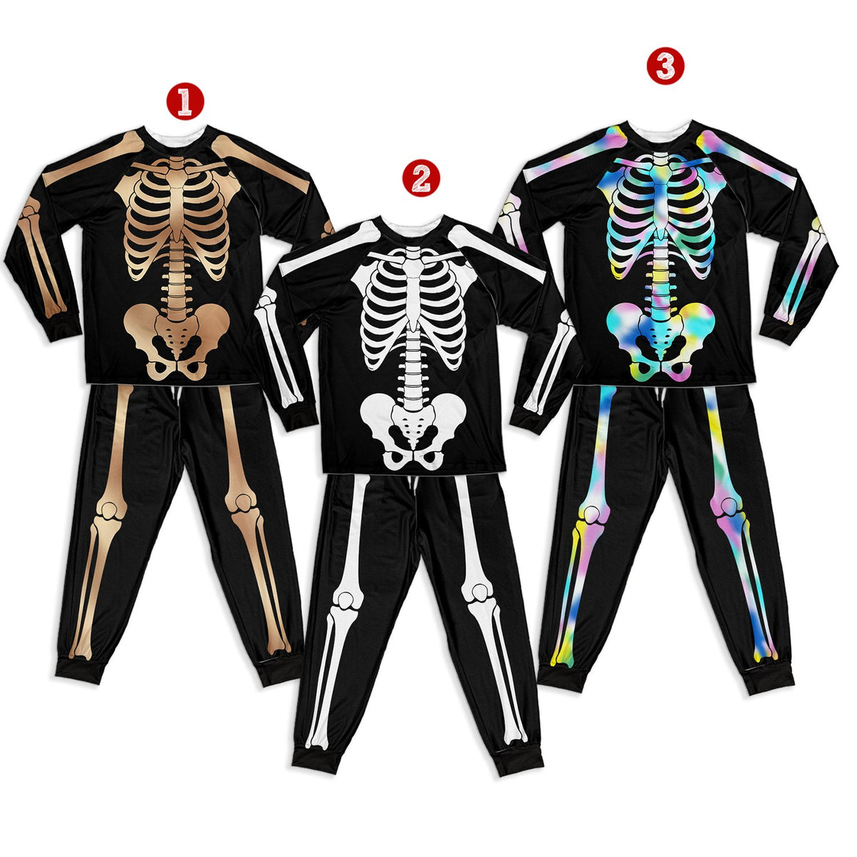 Front view of the black Halloween skeletons pajama set with a multicolor tie-dye skeleton graphic